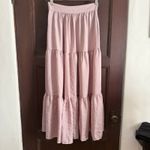 YAKE | Pink/purple Tiered Crinkle Satin Maxi Skirt with 2 Front Slits | Small Pink Photo 1