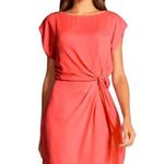 Halston Heritage  Twist Front Boat Neck Drape Short Sleeve Dress Coral Red Small Photo 13