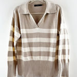 Zesica Long Sleeve V Neck Striped Polo Pullover Sweater Tan White Small Photo 0