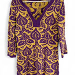 J. McLaughlin  Sweater Pullover Purple Yellow Long Sleeve M Geometric Kaftan Print Photo 0
