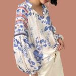 Like New Anthropologie Emily Lovelock Emma Top Medium Floral Elephant Palm Tree Photo 0