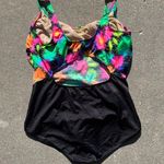 Vintage 90s Pacific Connections neon tropical hibiscus one piece swimsuit Black Size L Photo 5