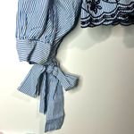ZARA  Trafaluc Blue Striped Eyelet Embroidered Tie Sleeve Top Blouse Size S Boho Photo 4