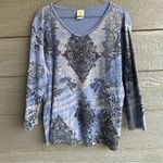 Jess & Jane Large 3/4 Sleeve V Fantasia Boho Tunic Artsy Rhinestone Top Blue USA Photo 7