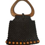 Vtg Boho Macrame Crochet Beaded Wooden Ring Handle Handbag Purse Brown 70s Photo 7