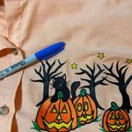 Vintage Halloween Embroidered Button Up Black Cat Pumpkin Moon Spooky‎ Sz Medium Orange Photo 4