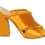 Dolce Vita Block Heel Sandals 9.5 Henry Raw Fringe Saffron Satin Mules Gold Photo 7