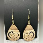 Horse Heart Burnt Wood Look Teardrop Pierced Earrings New Photo 0