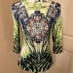 Pyramid Collection Cutout Shoulder Wild Medallion Print Top size small Green Photo 3