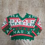 Christmas Distressed Edge Sweater Size XL V Neck Holiday Party Grunge Torn Worn Green Photo 3