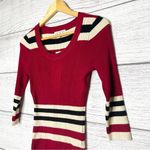 Pink Owl NWT  3/4 Sleeve Striped Stretch Sweater Dress Size Medium Red Black Tan Photo 1