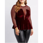 Charlotte Russe Women's Burgundy Velvet Mesh Peplum Blouse Juniors L Photo 2