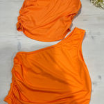 Orange Two Piece Tank Top Set Ruched One Shoulder Sleeveless XS S‎ Photo 0