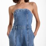 EXPRESS  Strapless Wide Leg Cargo Denim Jean Jumpsuit Womens 12 Light Blue Wash Photo 1