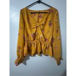 H&M  Womens Yellow Floral Puff Sleeve Knot Cinched Detailed Top sz 12 Boho Dainty Photo 2