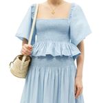 RHODE Elena Shirred Cotton Poplin Top Peplum Ruffle Hem Light Blue Size Small Photo 0