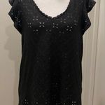 SheIn Black Eyelet V-Neck Blouse With Ruffle Short Sleeves & Lace Back Closure Photo 0