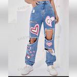 SheIn ❤️93  Heart Distressed Straight High Rise Jeans 6 wide leg Photo 2