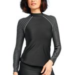 All In Motion Rash Guard, Mock Neck, Long Sleeve. Black w/ White Stripes. Size M Photo 0