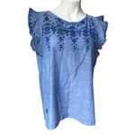 The Loft  Blue Ruffle Shoulder Embroidery Yoke Shell, Sz M Photo 6
