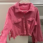 Pink Fringed Jean Jacket Size L Photo 0