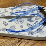 Let’s Go. Women's flip flops sandals shoes - sea shells - white and blue - NEW - never worn. Size 7/8. Medium. Perfect and cute!  Soft Photo 4