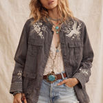 Johnny Was  Women's Oleander Gray Embroidered Crane Linen Utility Jacket Safari M Photo 0