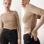 & Other Stories Brown Tan Side Ruched Long Sleeve Blouse Top Crew Neck Medium M Photo 2