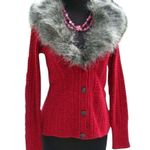 Cache Removable Faux Fox Collar Red Knit Cardigan Top New Stretch $168 NWT Photo 1