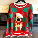 Christmas Sweater Puppy Dog Santa Hat Red Green Womens Medium 33 Degrees Comfy Photo 2