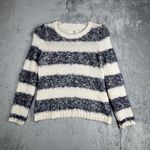 Tabitha Sweater Ivory Blue Striped Fuzzy Knit‎ Pullover Crew Neck Size Medium Photo 1