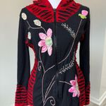 Nepal Hoodie M Black Red Floral Appliqué Patchwork Zip Cotton Festival Boho Size M Photo 0