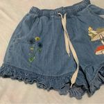 Disney  size medium High Waist Blue Denim Shorts Floral Mushroom tinkerbell pull Photo 5