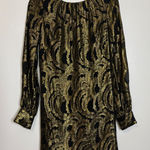 Milly New York Black Gold Metallic Silk Long Sleeve Dress with Tie Back Size 6 Photo 0