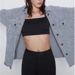 ZARA  Shacket Oversized Jacket Houndstooth Tweed Blue Fringe‎ Size Small Blazer Photo 1