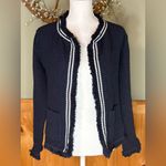 Nic+Zoe  Ribbon Trim Fringe Mix Knit Blazer Women's Dark Indigo Long Sleeve NWOT Photo 1