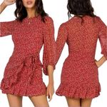 Princess Polly Dalko Mini Dress Red Floral Balloon Sleeve Ruffle Women's Size 4 Photo 1
