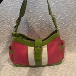 Liz Claiborne vintage Leather& Polyester Striped Purse Pink Green Beige Photo 2