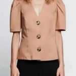 ZARA  Tan V-Neck Puff Sleeve Button Front Linen Top Lyocell & Cotton Size XS Photo 0