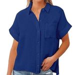 Blue linen short sleeve shirt, ladies small short sleeve relaxed fit button down Photo 0