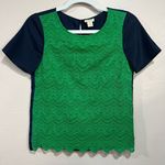 J. Crew sz XXS Kelly green and navy color block lace shirt Blue Photo 0