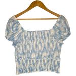 Lush Clothing New Lush Womens Size Large Cropped Top Smocked Cap Puff Sleeve White Blue Swirl Photo 4