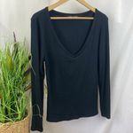Boston Proper  Black Ribbed Long Sleeve V Neck Tee T Shirt Top M Photo 3