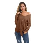 Women's Waffle Knit Tunic Blouse Tie Knot Henley Top Loose Fitting Shirt SM Brown Photo 3
