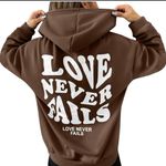 SheIn  Brown Hoodie with 'Love Never Fails' Graphic Photo 5