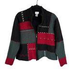 Vtg 90's Wool Patchwork Jacket Boxy Zip Up Grandma Sweater Black Embroidered XL Photo 0