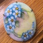 Vintage Hand Painted Porcelain Floral Brass Back Brooch Pin Blue Photo 2