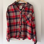 Aerie  Red Plaid Flannel Cotton Cozy Long Sleeve Pajama Lounge Button Down Top Photo 1