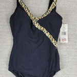Roxanne One Piece Swimsuit Womens 38DD Black V Neck Gold Animal Print Trim NEW Size L Photo 0