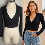 Brave Soul NWT‎  London Black Ribbed Wrap Crop Top Long Sleeve Collared Women's M Photo 11